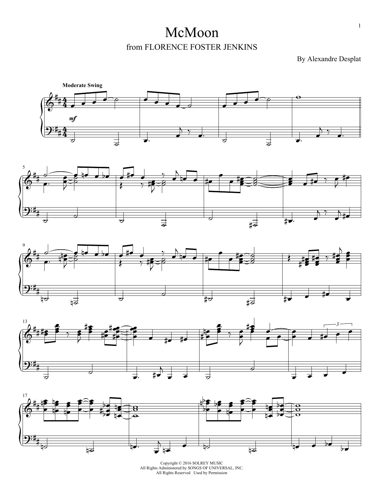 Alexandre Desplat McMoon sheet music notes and chords arranged for Piano Solo