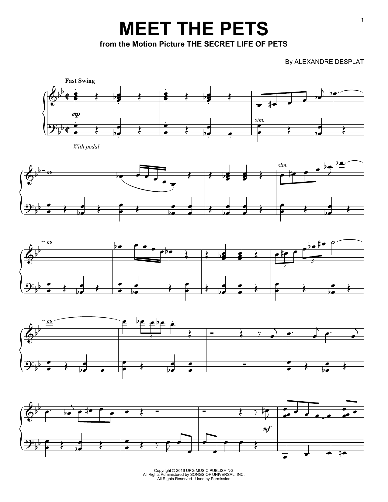 Alexandre Desplat Meet The Pets sheet music notes and chords arranged for Piano Solo