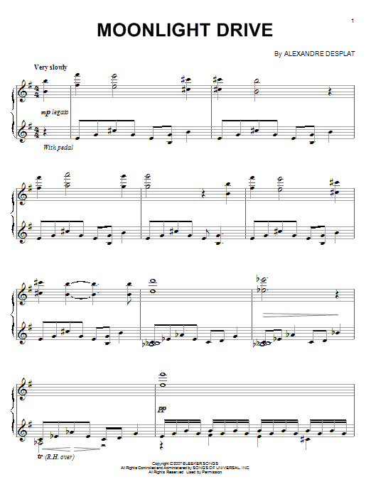 Alexandre Desplat Moonlight Drive sheet music notes and chords arranged for Piano Solo
