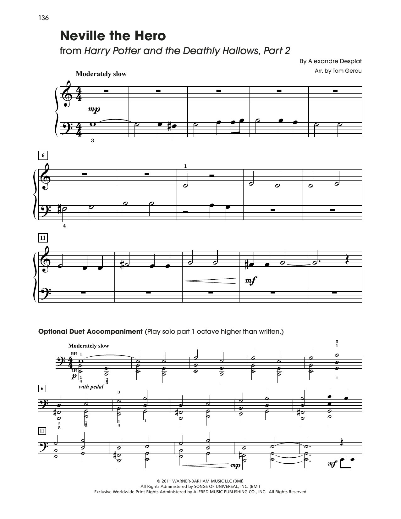 Alexandre Desplat Neville The Hero (from Harry Potter) (arr. Tom Gerou) sheet music notes and chords arranged for 5-Finger Piano