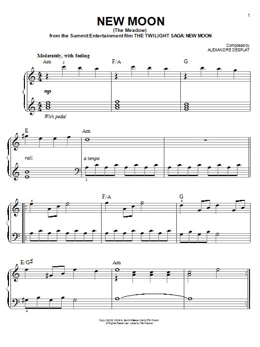 Alexandre Desplat New Moon (The Meadow) sheet music notes and chords arranged for Piano, Vocal & Guitar Chords (Right-Hand Melody)