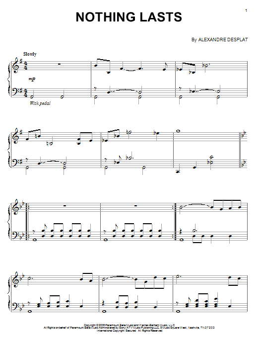 Alexandre Desplat Nothing Lasts sheet music notes and chords arranged for Piano Solo