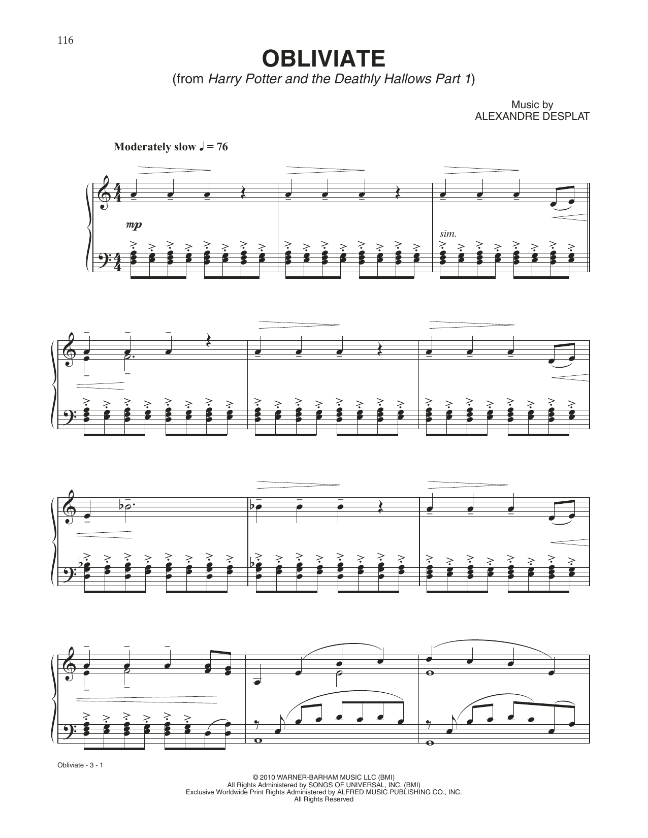 Alexandre Desplat Obliviate (from Harry Potter And The Deathly Hallows, Pt. 1) sheet music notes and chords arranged for Piano Solo