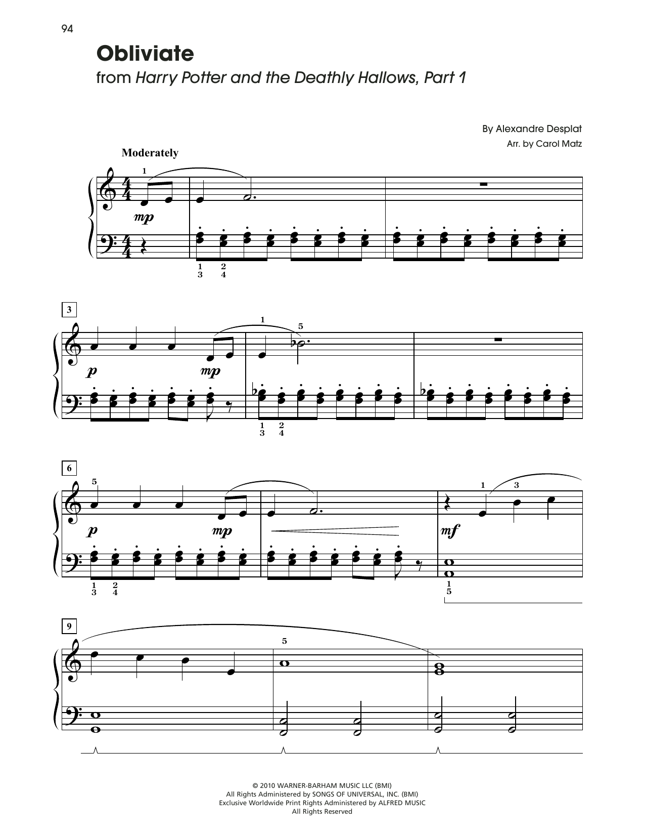 Alexandre Desplat Obliviate (from Harry Potter) (arr. Carol Matz) sheet music notes and chords arranged for Big Note Piano