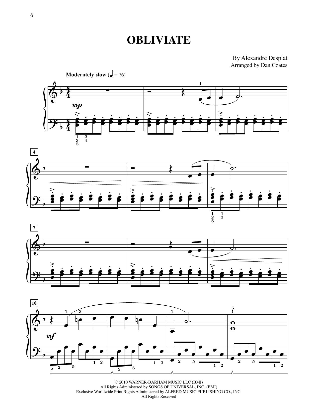 Alexandre Desplat Obliviate (from Harry Potter) (arr. Dan Coates) sheet music notes and chords arranged for Easy Piano