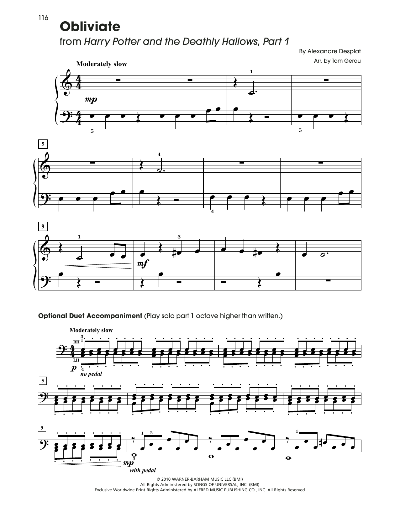 Alexandre Desplat Obliviate (from Harry Potter) (arr. Tom Gerou) sheet music notes and chords arranged for 5-Finger Piano