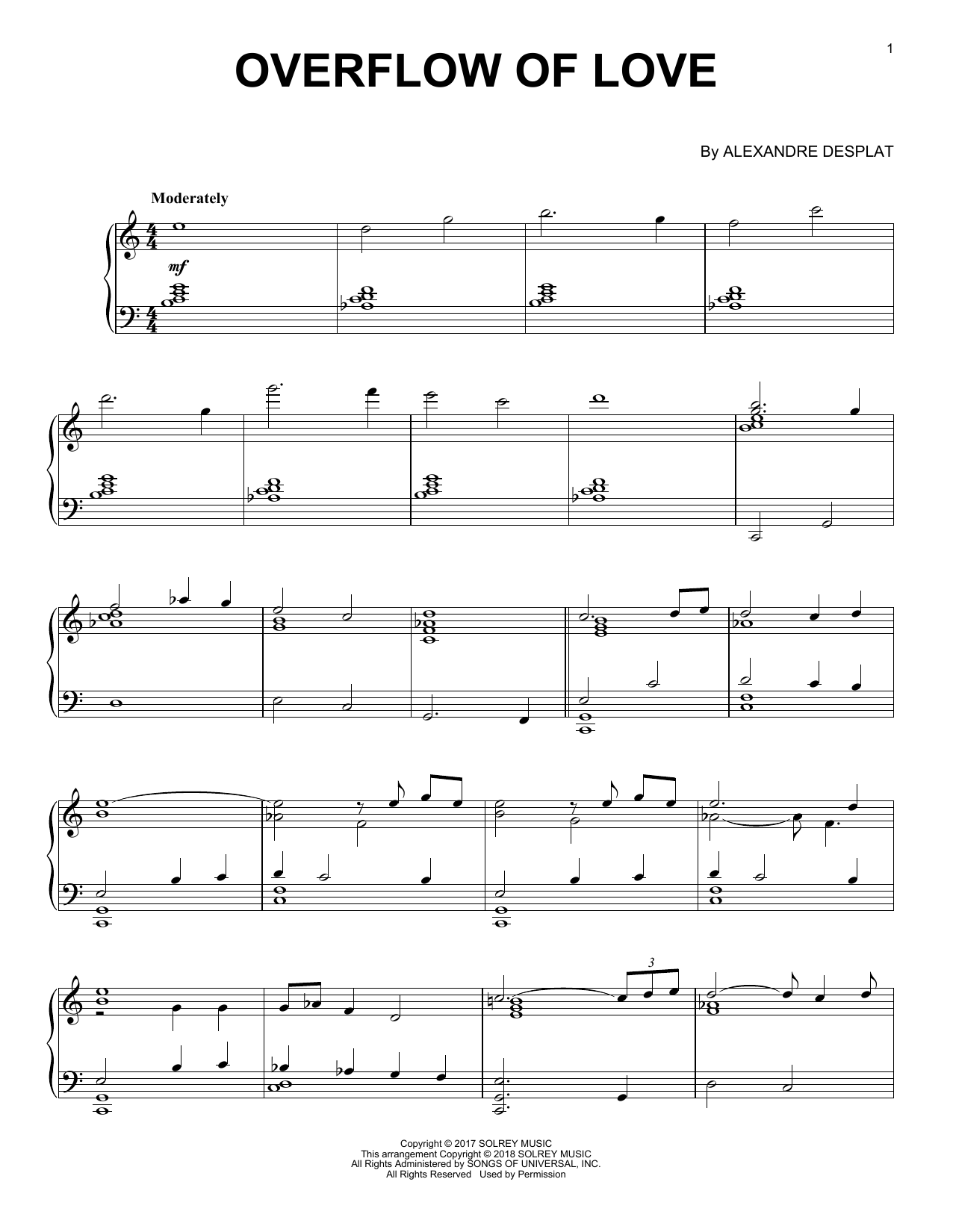 Alexandre Desplat Overflow Of Love sheet music notes and chords arranged for Piano Solo