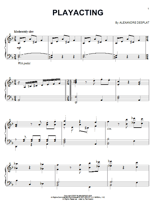 Alexandre Desplat Playacting sheet music notes and chords arranged for Piano Solo