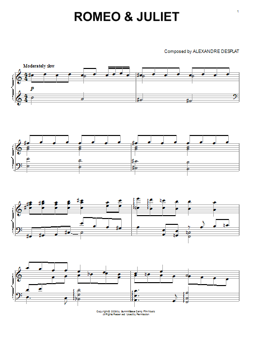 Alexandre Desplat Romeo & Juliet (from The Twilight Saga: New Moon) sheet music notes and chords arranged for Piano Solo
