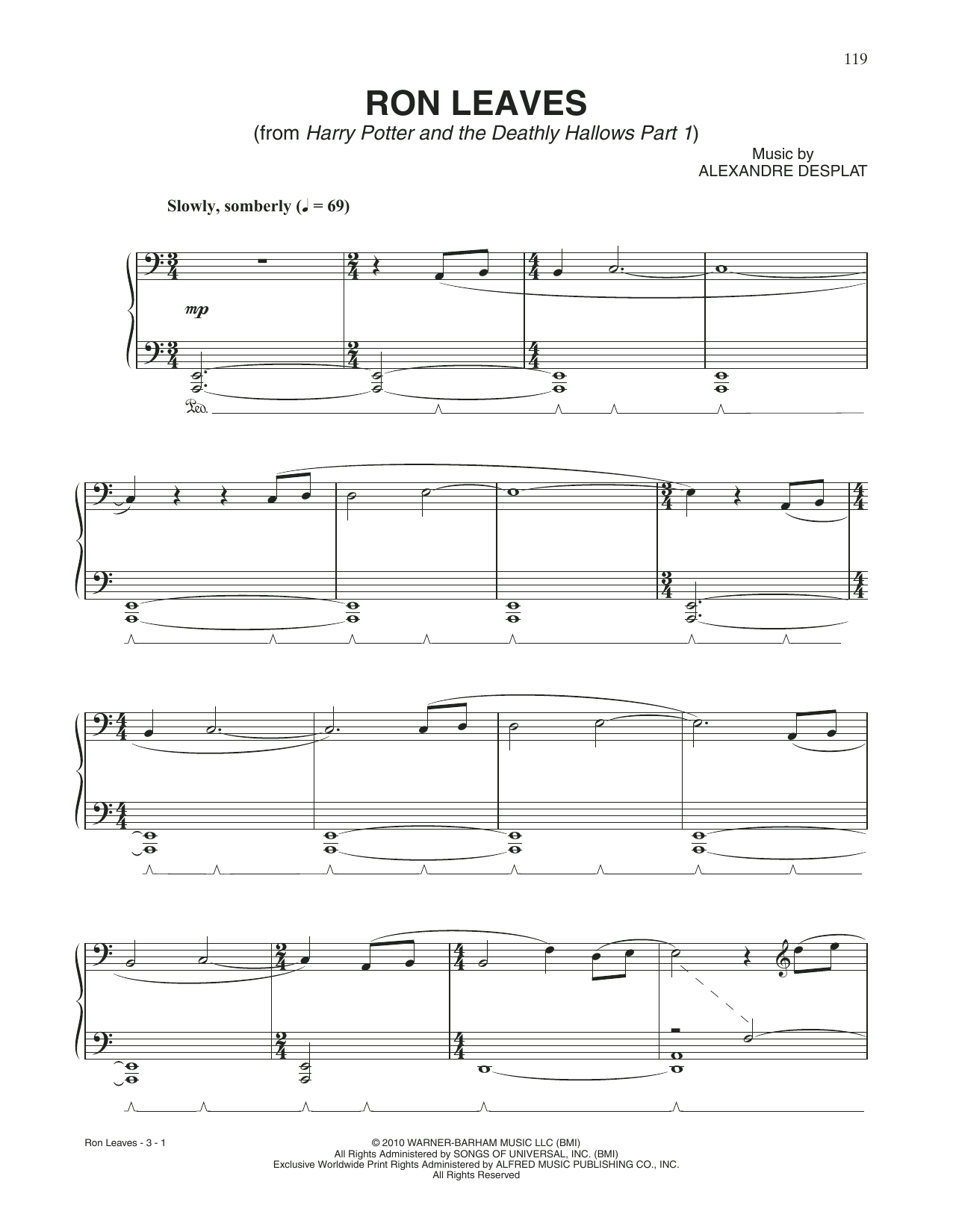 Alexandre Desplat Ron Leaves (from Harry Potter And The Deathly Gallows, Pt. 1) sheet music notes and chords arranged for Piano Solo