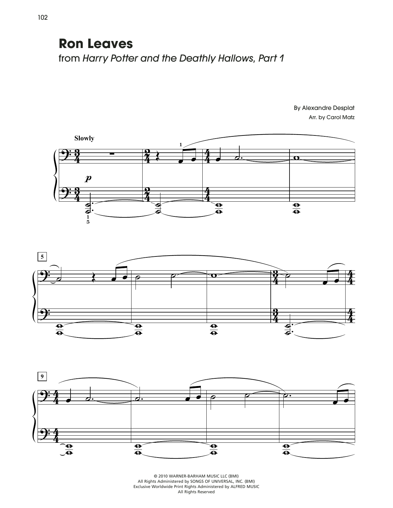 Alexandre Desplat Ron Leaves (from Harry Potter) (arr. Carol Matz) sheet music notes and chords arranged for Big Note Piano