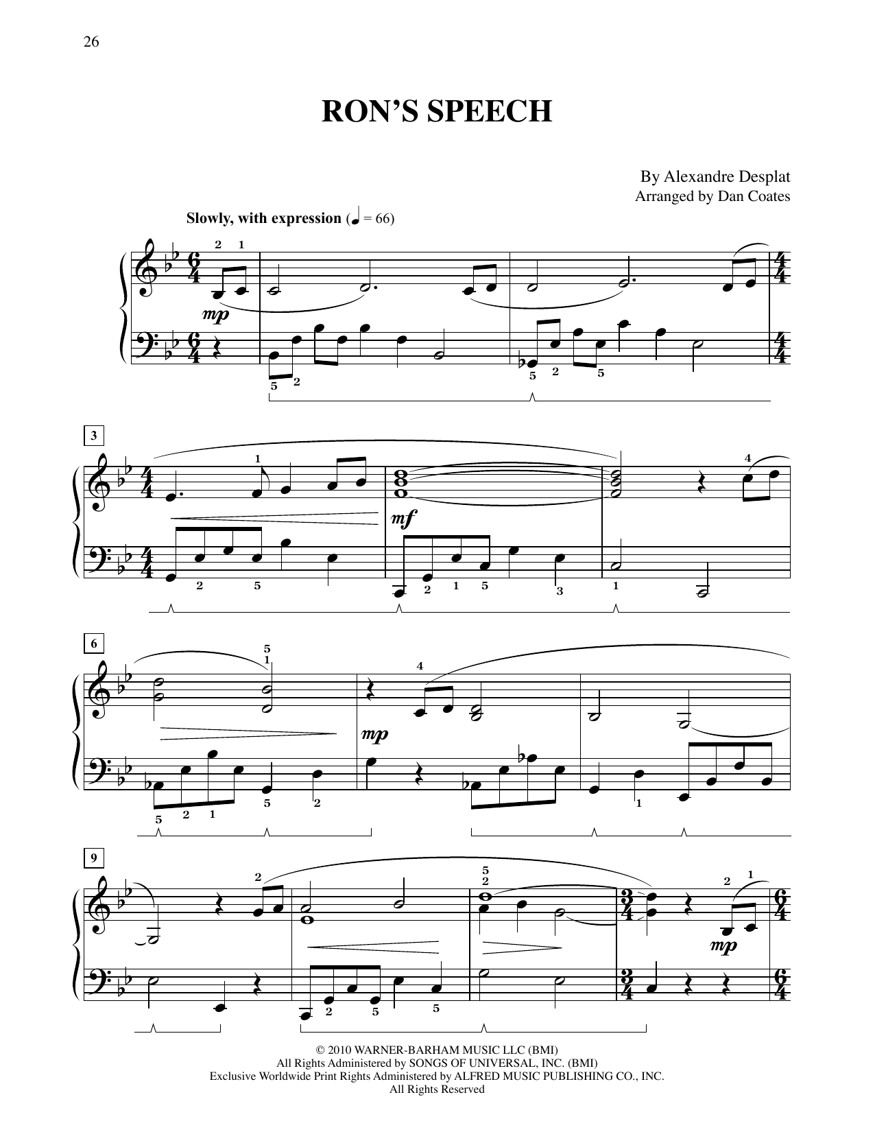 Alexandre Desplat Ron's Speech (from Harry Potter And The Deathly Gallows, Pt. 1) (arr. Dan Coates) sheet music notes and chords arranged for Easy Piano