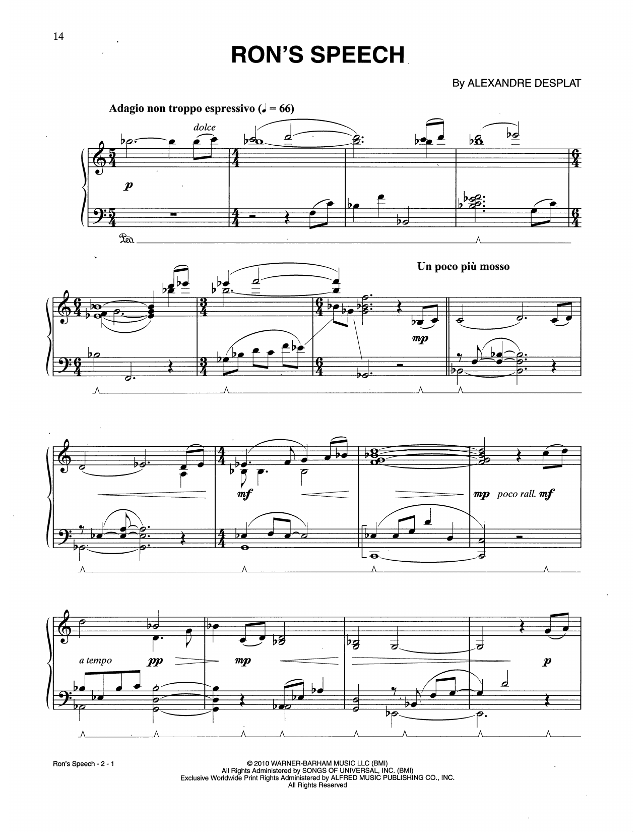 Alexandre Desplat Ron's Speech (from Harry Potter And The Deathly Gallows, Pt. 1) sheet music notes and chords arranged for Piano Solo