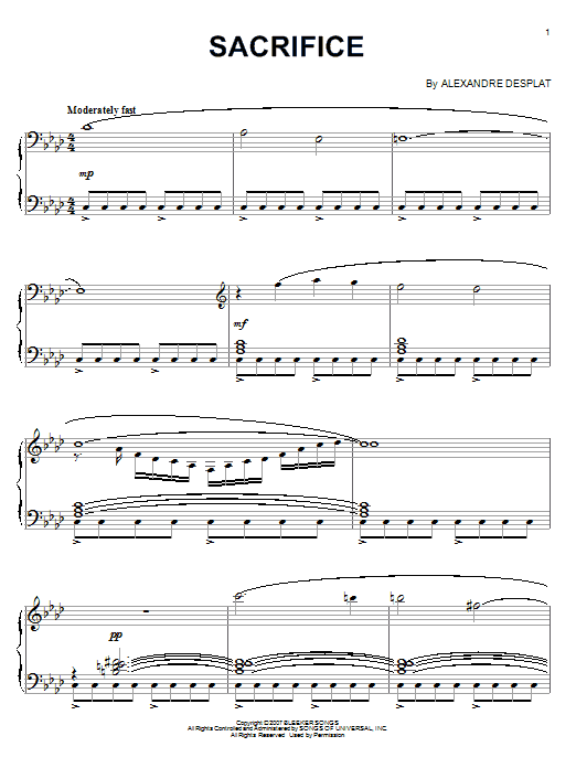 Alexandre Desplat Sacrifice sheet music notes and chords arranged for Piano Solo