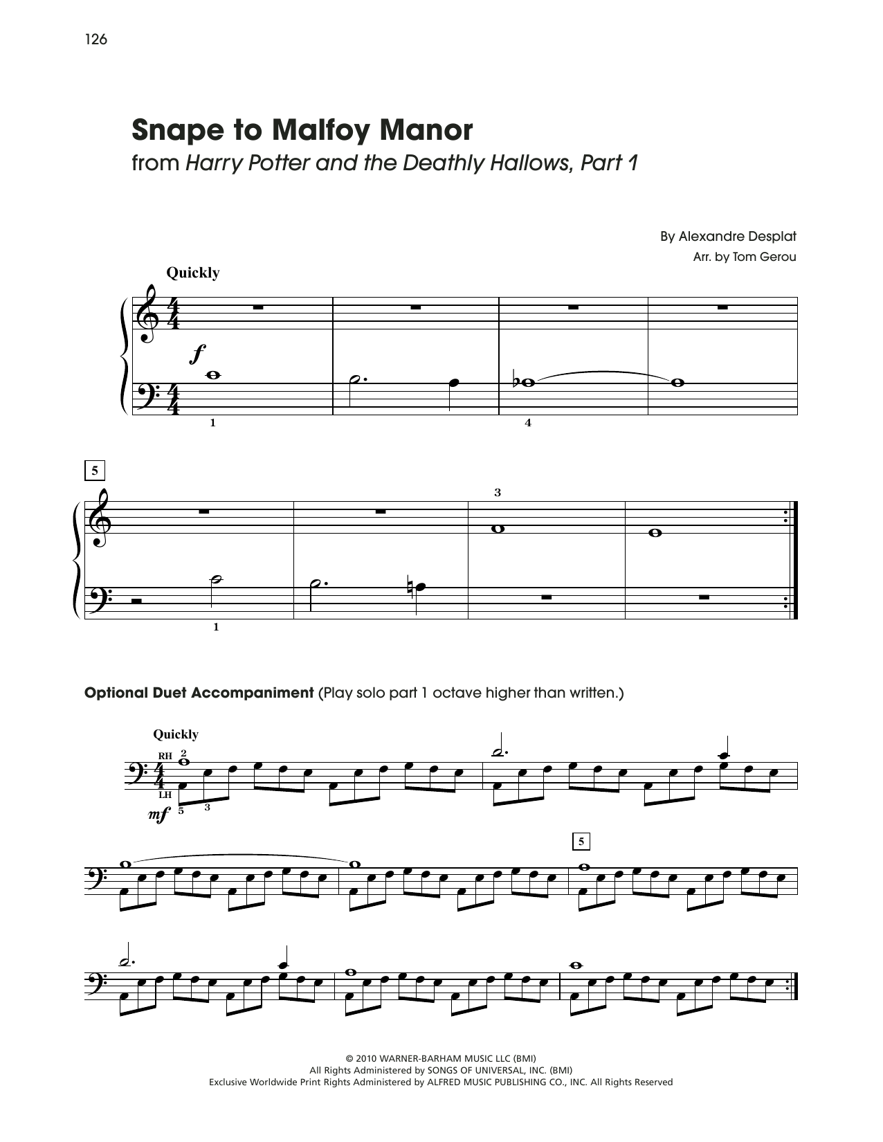 Alexandre Desplat Snape To Malfoy Manor (from Harry Potter) (arr. Tom Gerou) sheet music notes and chords arranged for 5-Finger Piano