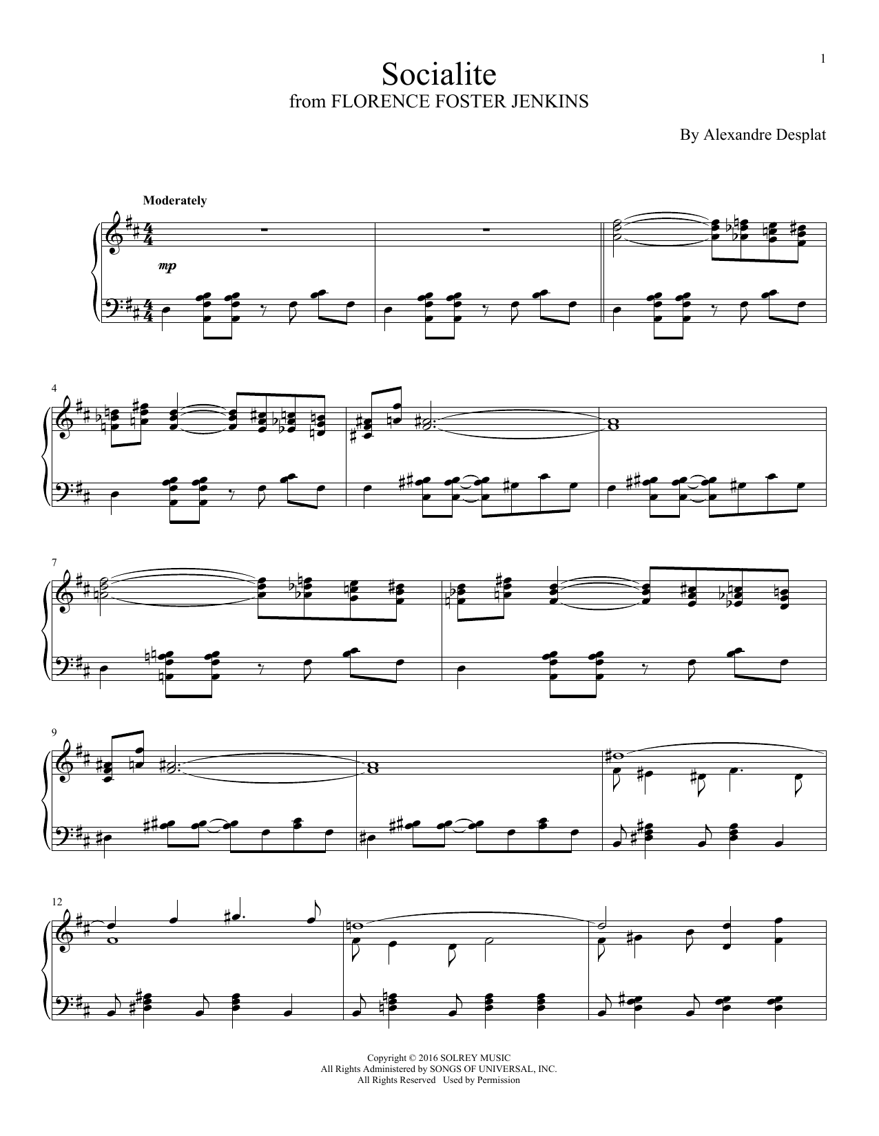 Alexandre Desplat Socialite sheet music notes and chords arranged for Piano Solo