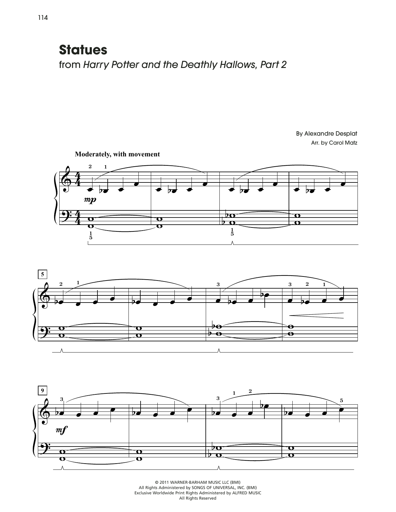 Alexandre Desplat Statues (from Harry Potter) (arr. Carol Matz) sheet music notes and chords arranged for Big Note Piano