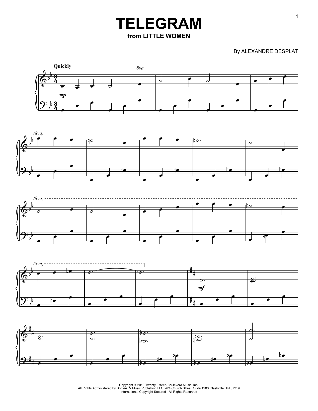 Alexandre Desplat Telegram (from the Motion Picture Little Women) sheet music notes and chords arranged for Piano Solo