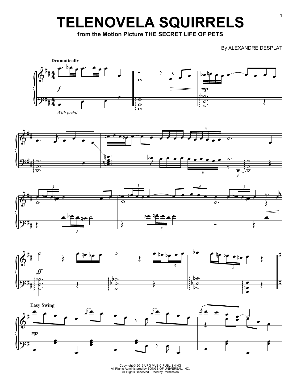 Alexandre Desplat Telenovela Squirrels sheet music notes and chords arranged for Piano Solo