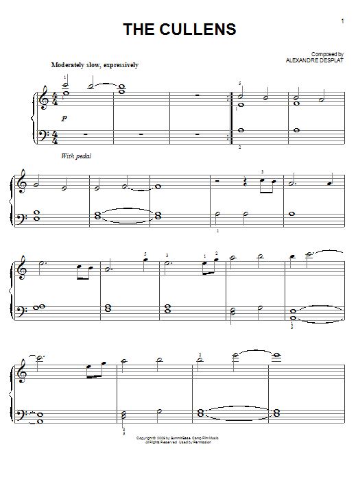 Alexandre Desplat The Cullens (from The Twilight Saga: New Moon) sheet music notes and chords arranged for Piano Solo
