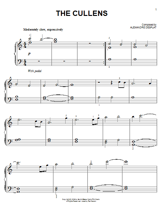 Alexandre Desplat The Cullens (from The Twilight Saga: New Moon) sheet music notes and chords arranged for Big Note Piano