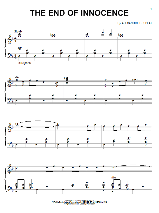 Alexandre Desplat The End Of Innocence sheet music notes and chords arranged for Piano Solo