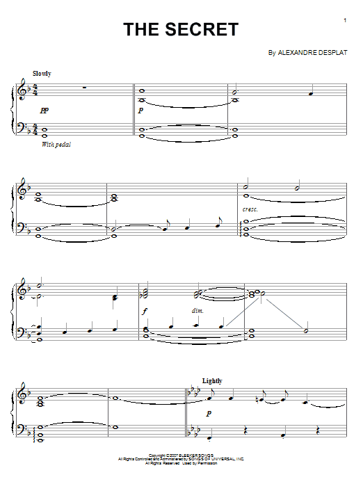 Alexandre Desplat The Secret sheet music notes and chords arranged for Piano Solo