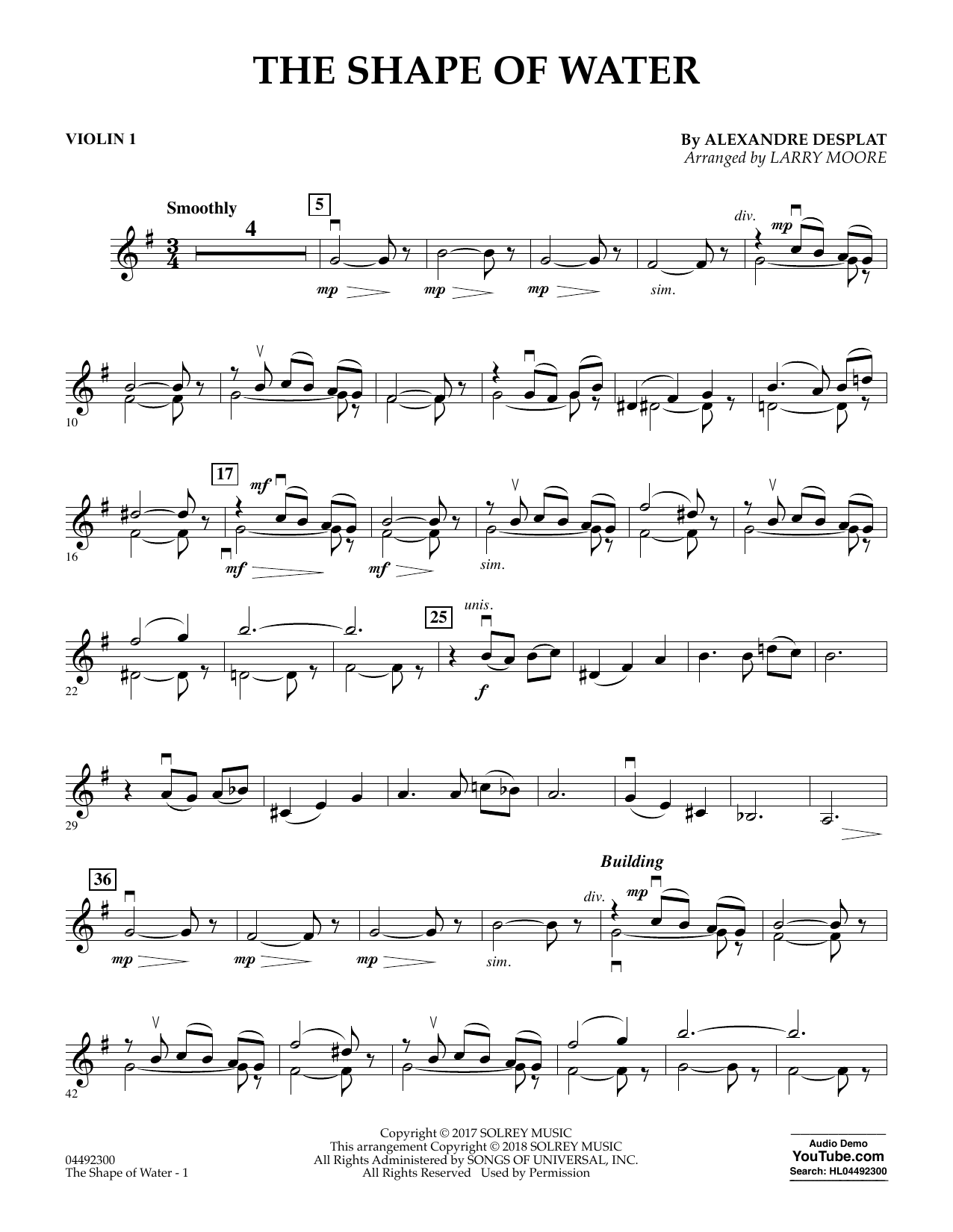 Alexandre Desplat The Shape of Water (arr. Larry Moore) - Violin 1 sheet music notes and chords arranged for Orchestra