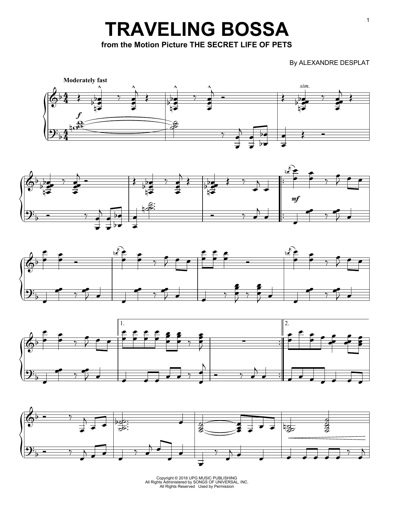 Alexandre Desplat Traveling Bossa sheet music notes and chords arranged for Piano Solo