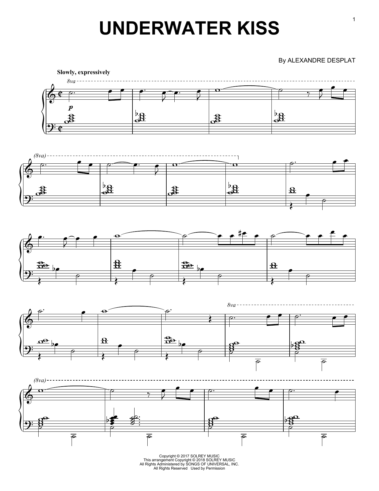 Alexandre Desplat Underwater Kiss sheet music notes and chords arranged for Piano Solo