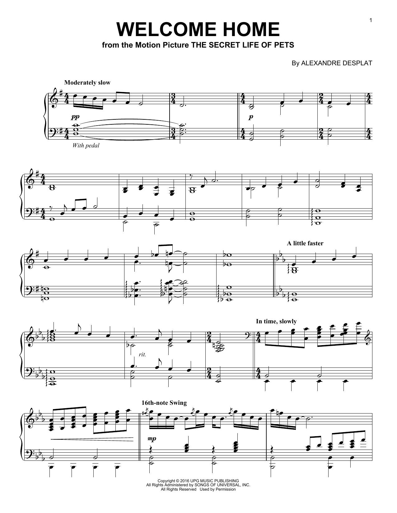Alexandre Desplat Welcome Home sheet music notes and chords arranged for Piano Solo