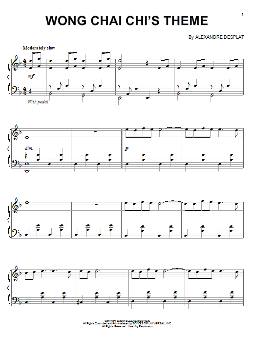 Alexandre Desplat Wong Chia Chi's Theme sheet music notes and chords arranged for Piano Solo