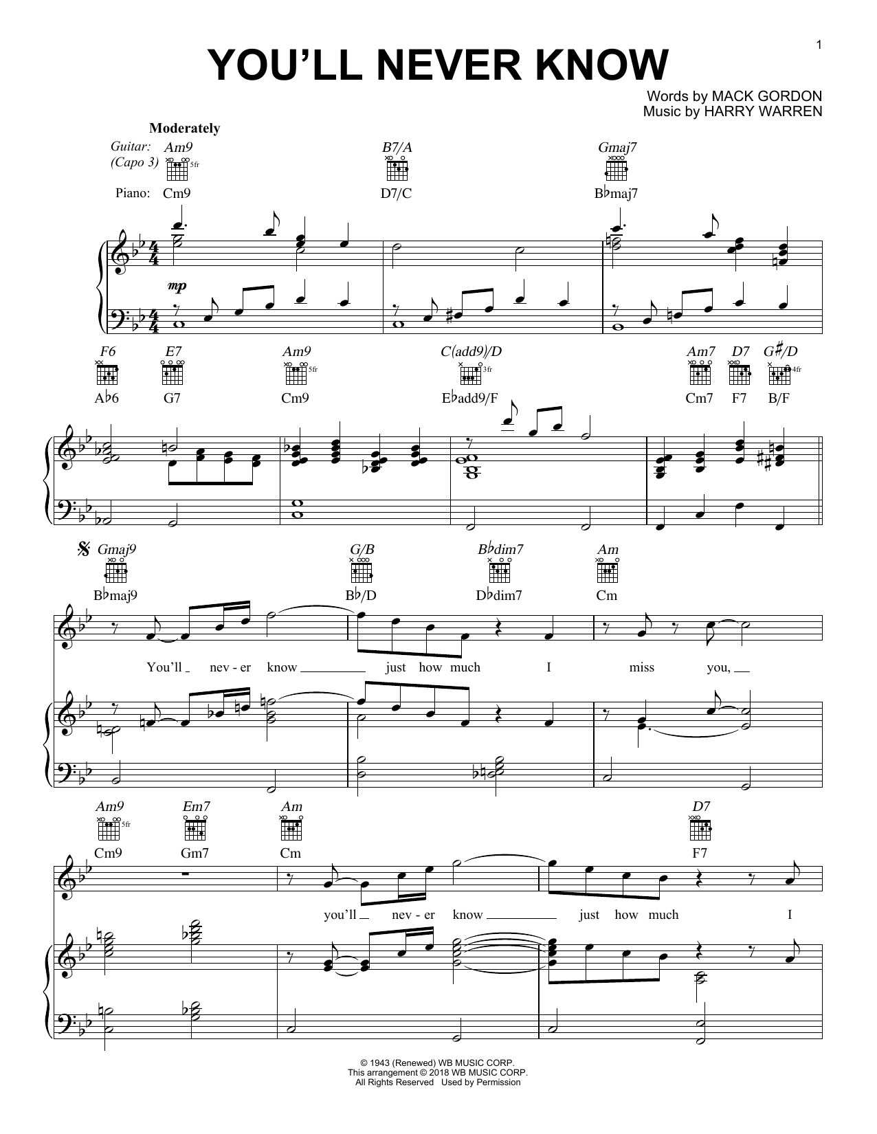 Alexandre Desplat You'll Never Know sheet music notes and chords arranged for Piano, Vocal & Guitar Chords (Right-Hand Melody)