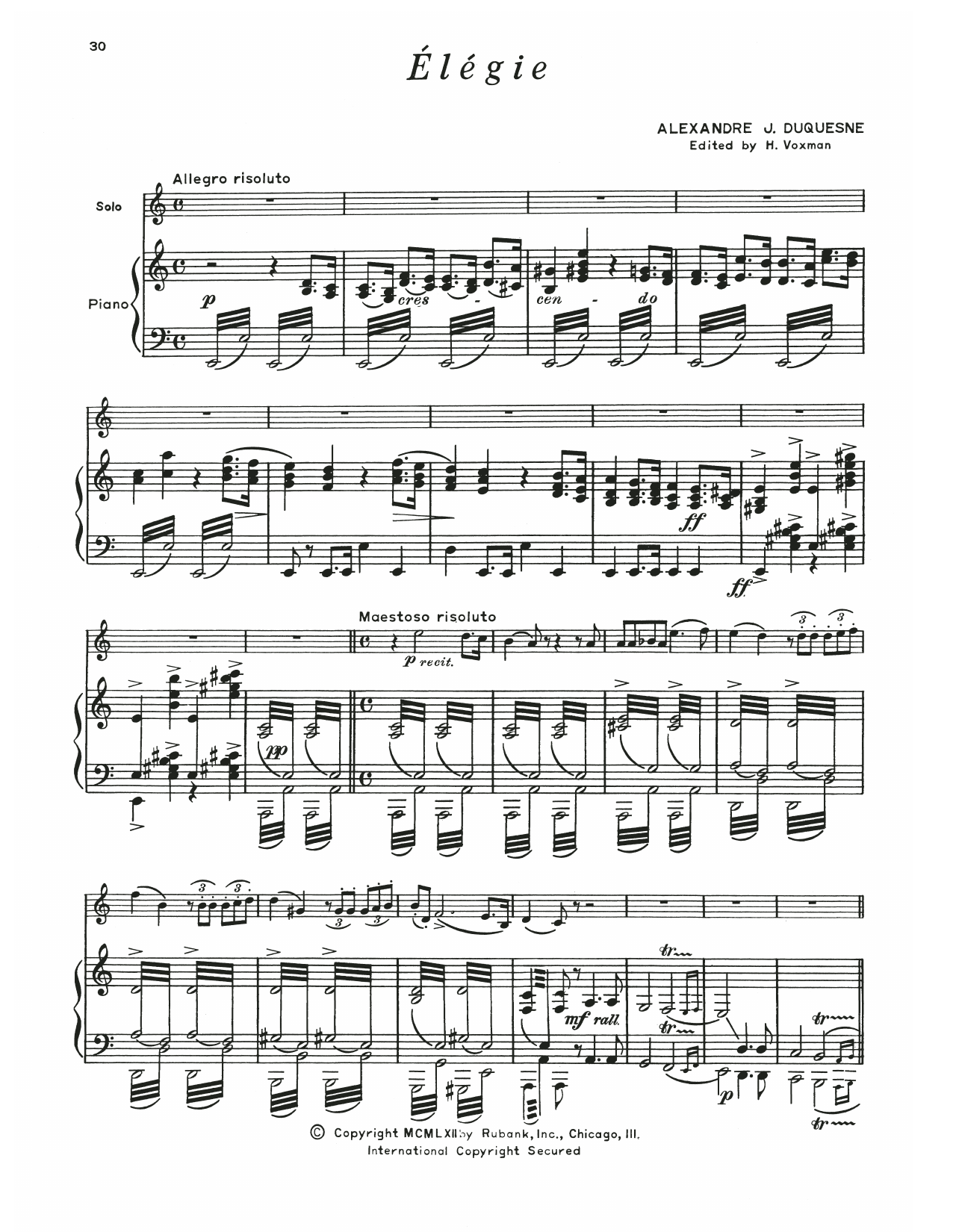 Alexandre Duquesne Elegie sheet music notes and chords arranged for Trumpet and Piano