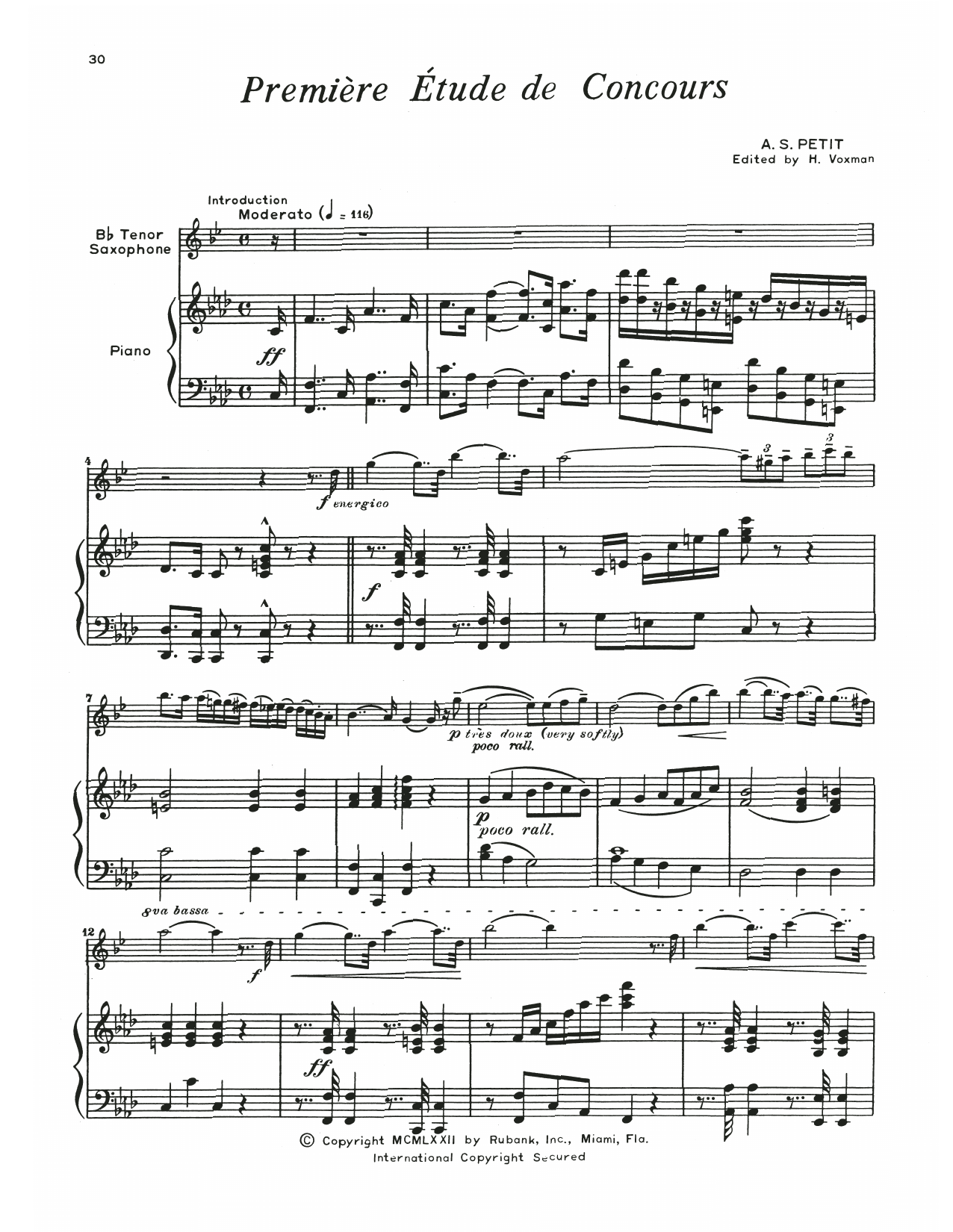 Alexandre Petit Premiere Etude De Concours sheet music notes and chords arranged for Tenor Sax and Piano