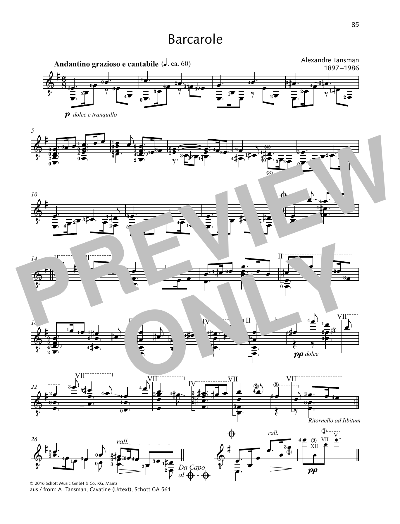 Alexandre Tansman Barcarole sheet music notes and chords arranged for Solo Guitar