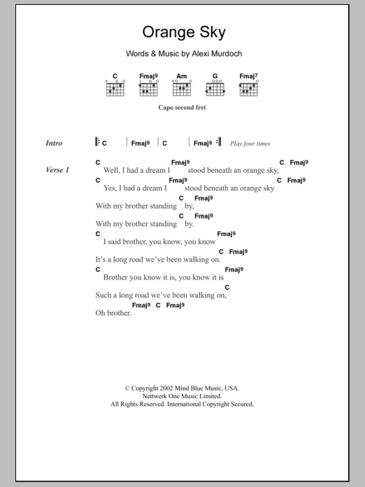 Alexi Murdoch Orange Sky sheet music notes and chords arranged for Guitar Chords/Lyrics