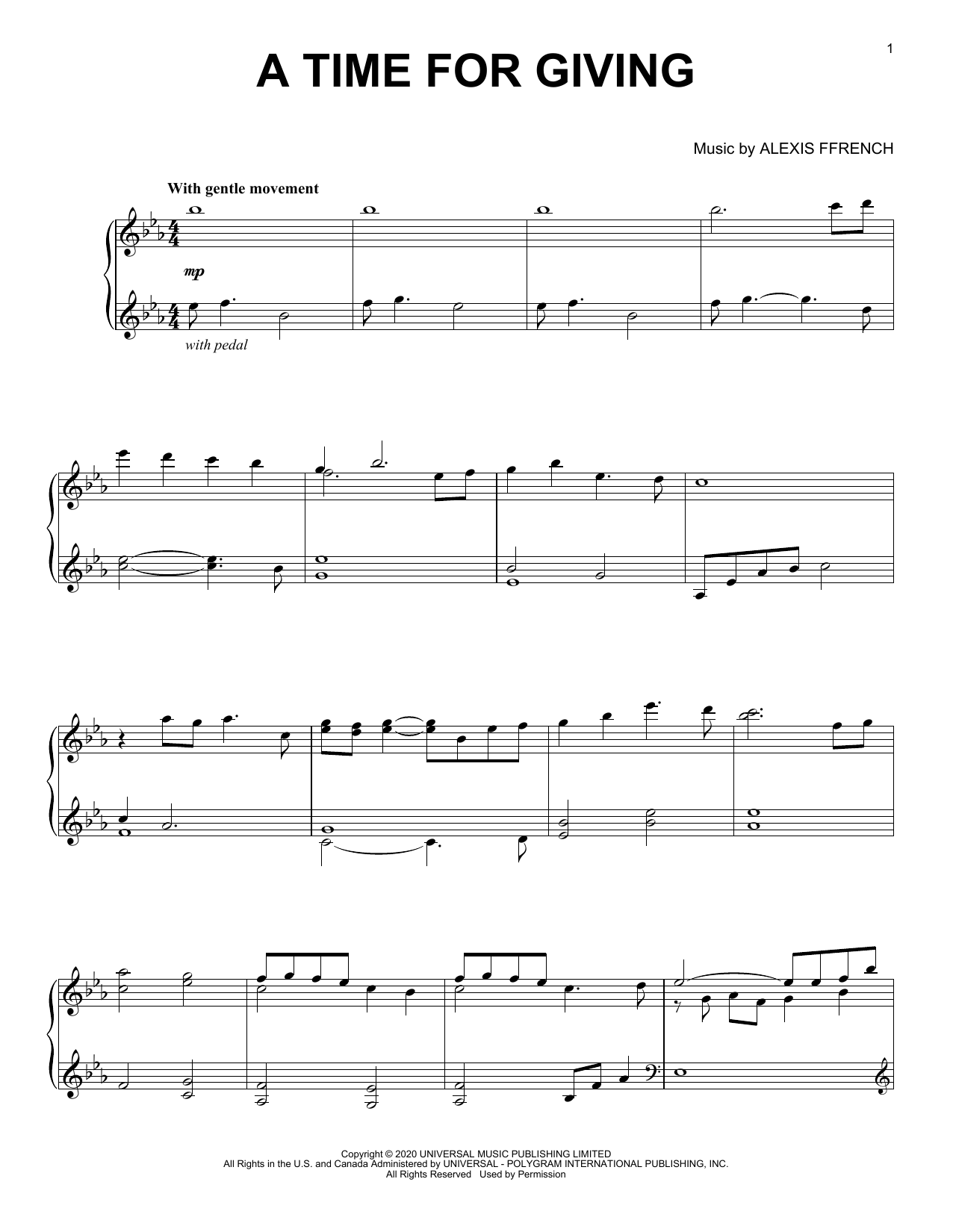 Alexis Ffrench A Time For Giving sheet music notes and chords arranged for Piano Solo