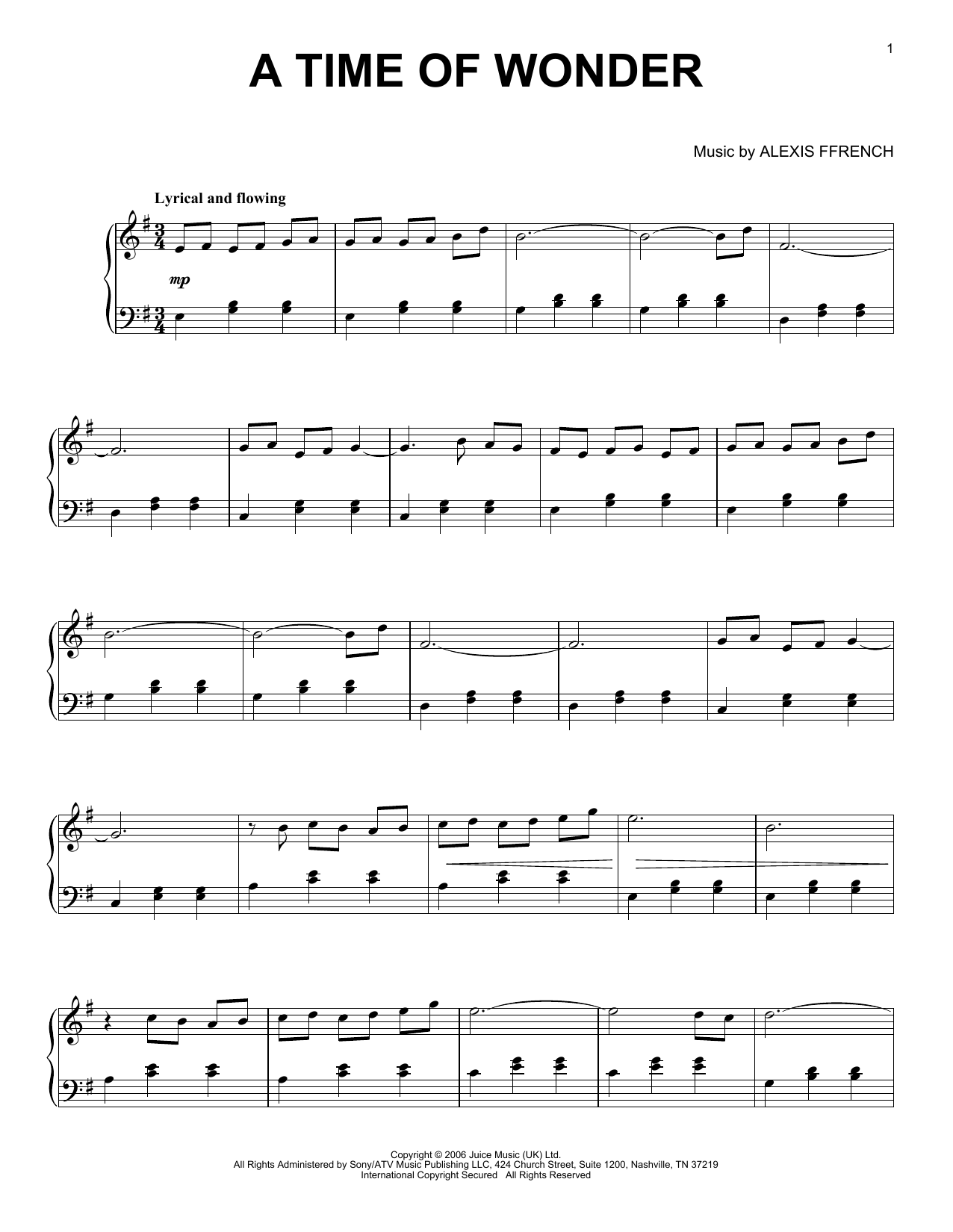 Alexis Ffrench A Time Of Wonder sheet music notes and chords arranged for Piano Solo