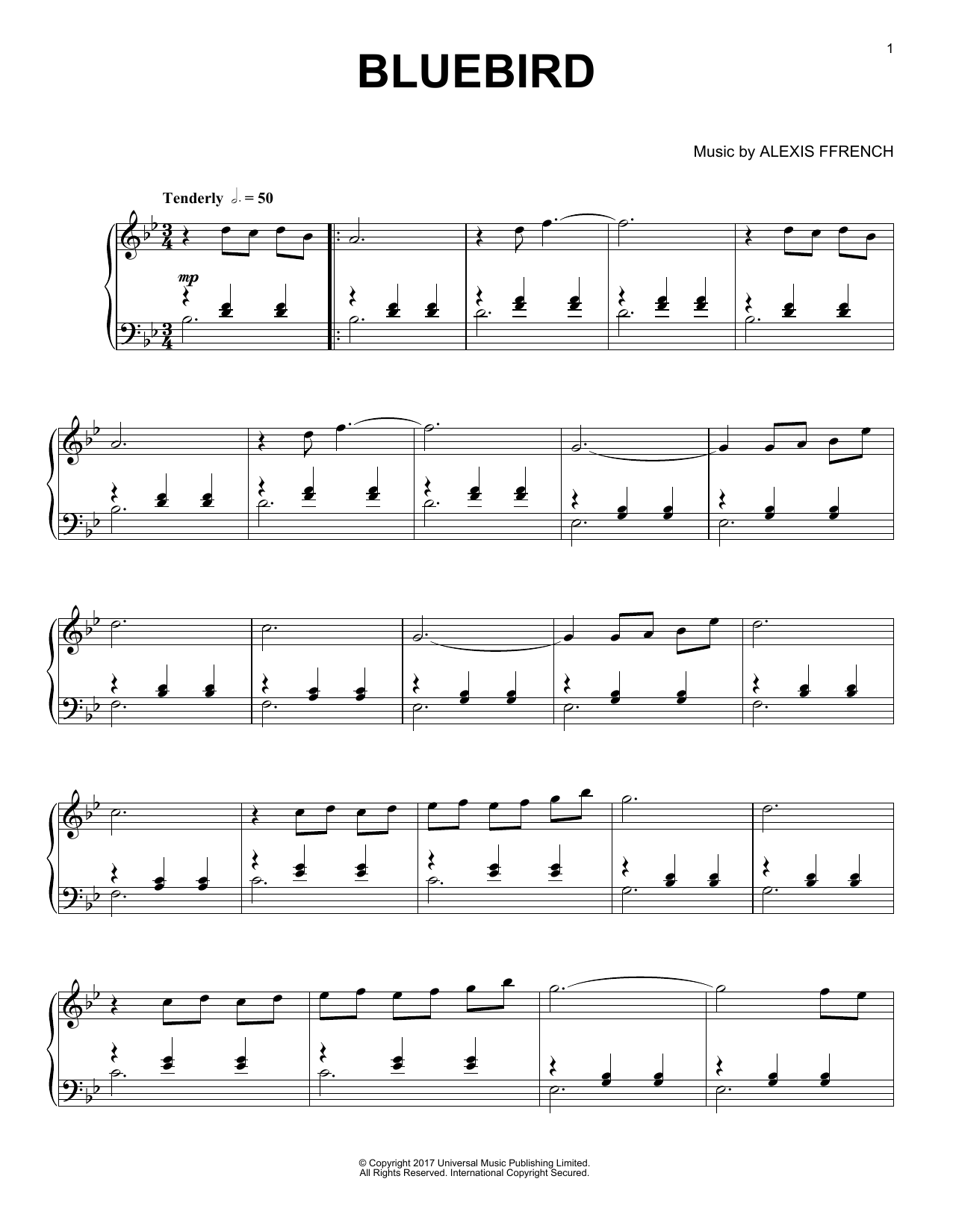 Alexis Ffrench Bluebird sheet music notes and chords arranged for Easy Piano