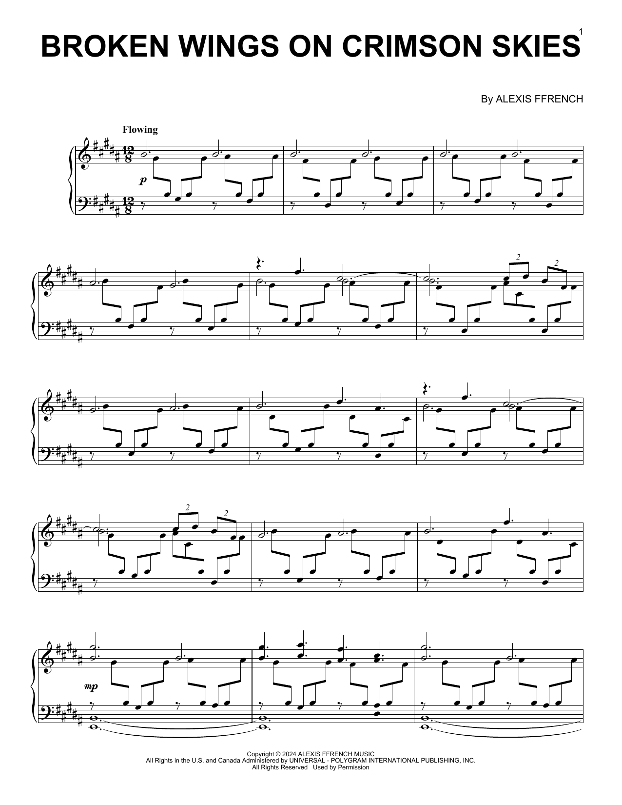Alexis Ffrench Broken Wings On Crimson Skies sheet music notes and chords arranged for Piano Solo