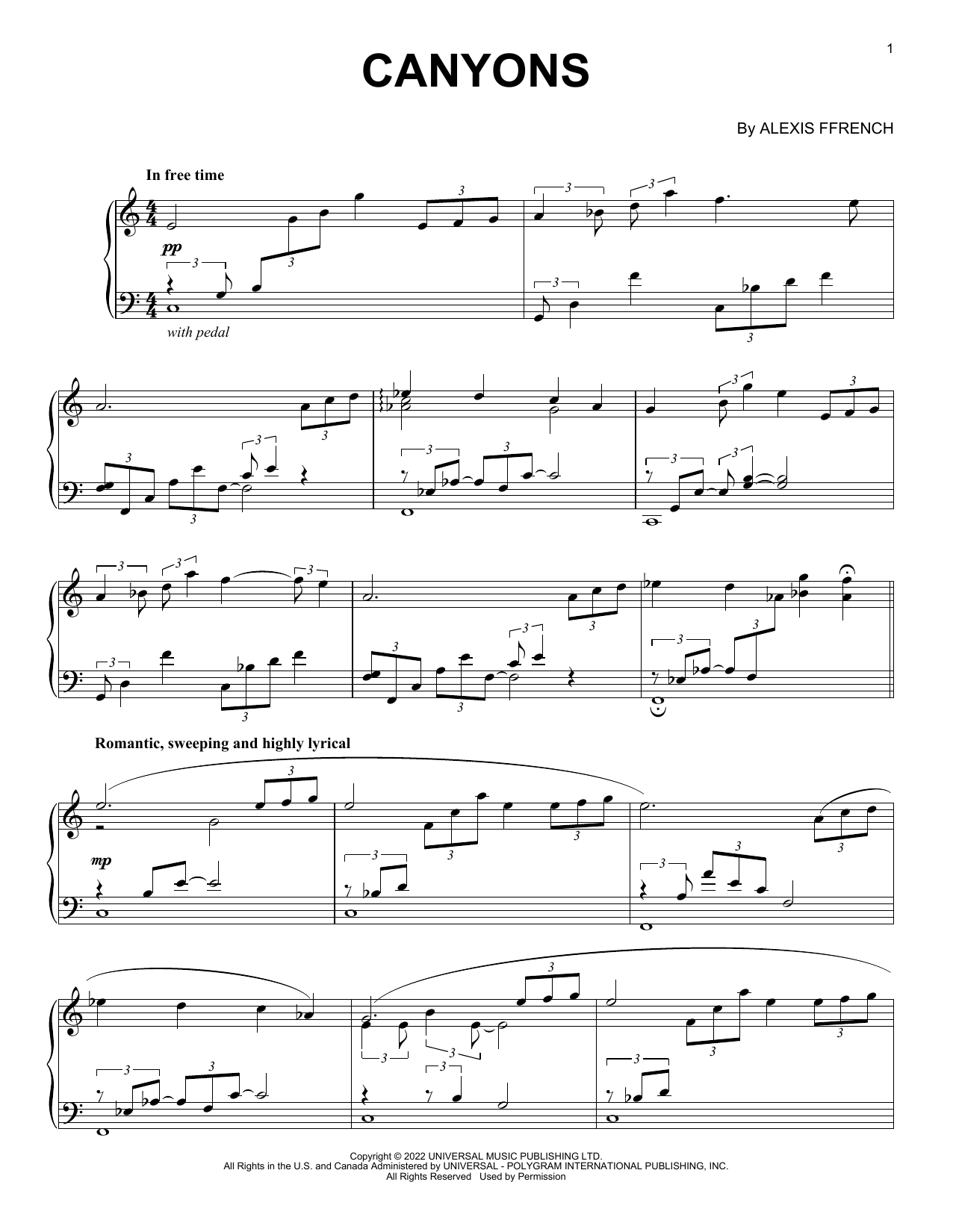 Alexis Ffrench Canyons sheet music notes and chords arranged for Piano Solo