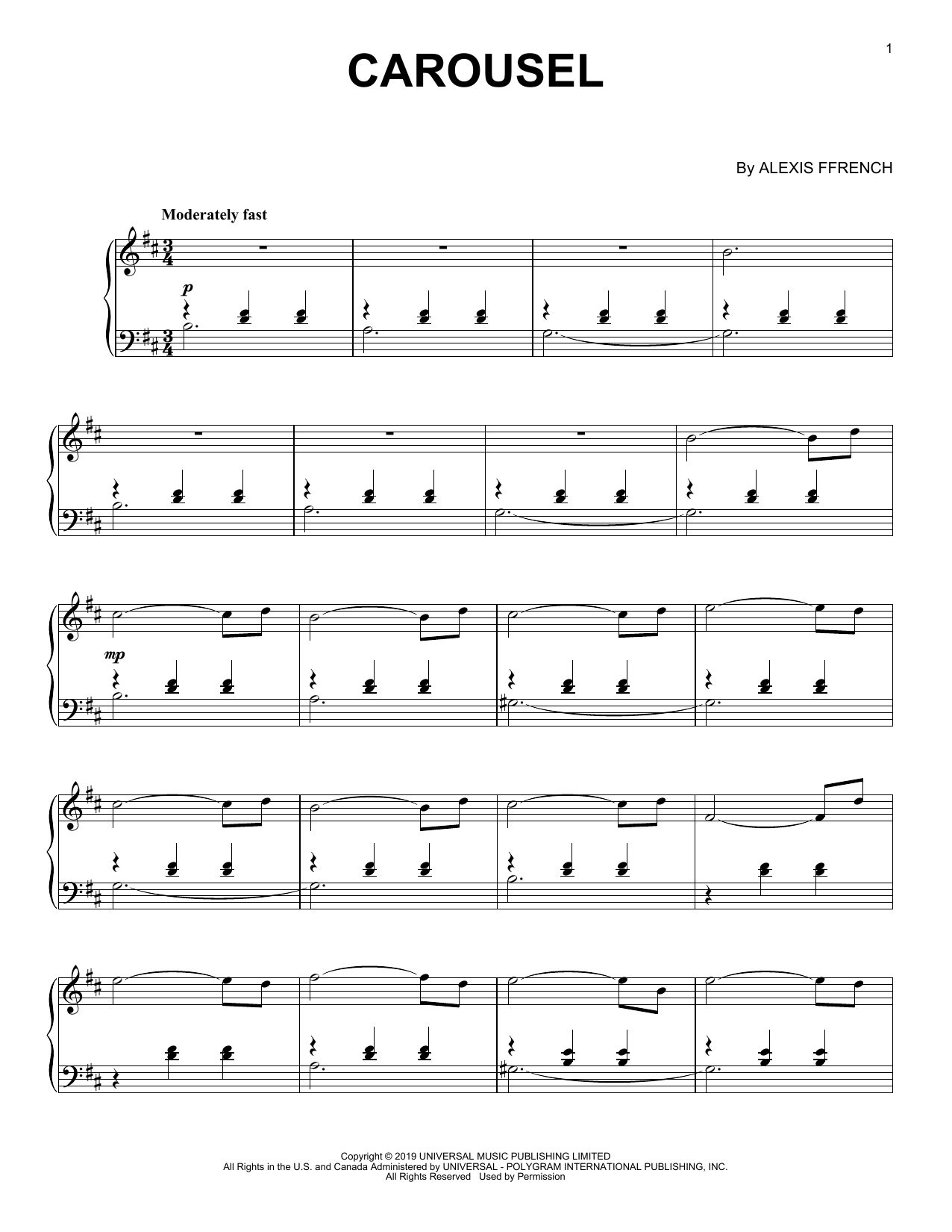 Alexis Ffrench Carousel sheet music notes and chords arranged for Piano Solo