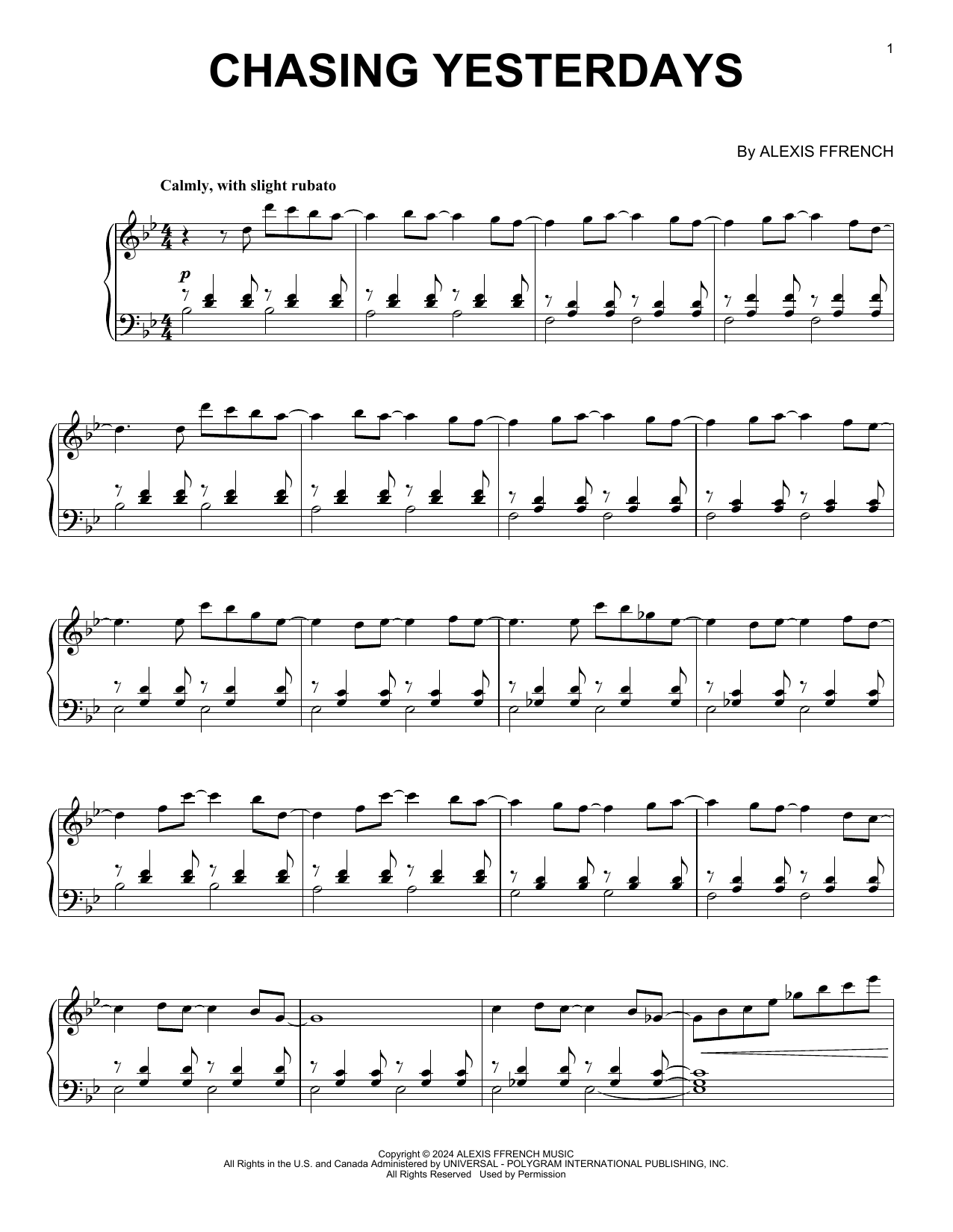 Alexis Ffrench Chasing Yesterdays sheet music notes and chords arranged for Piano Solo