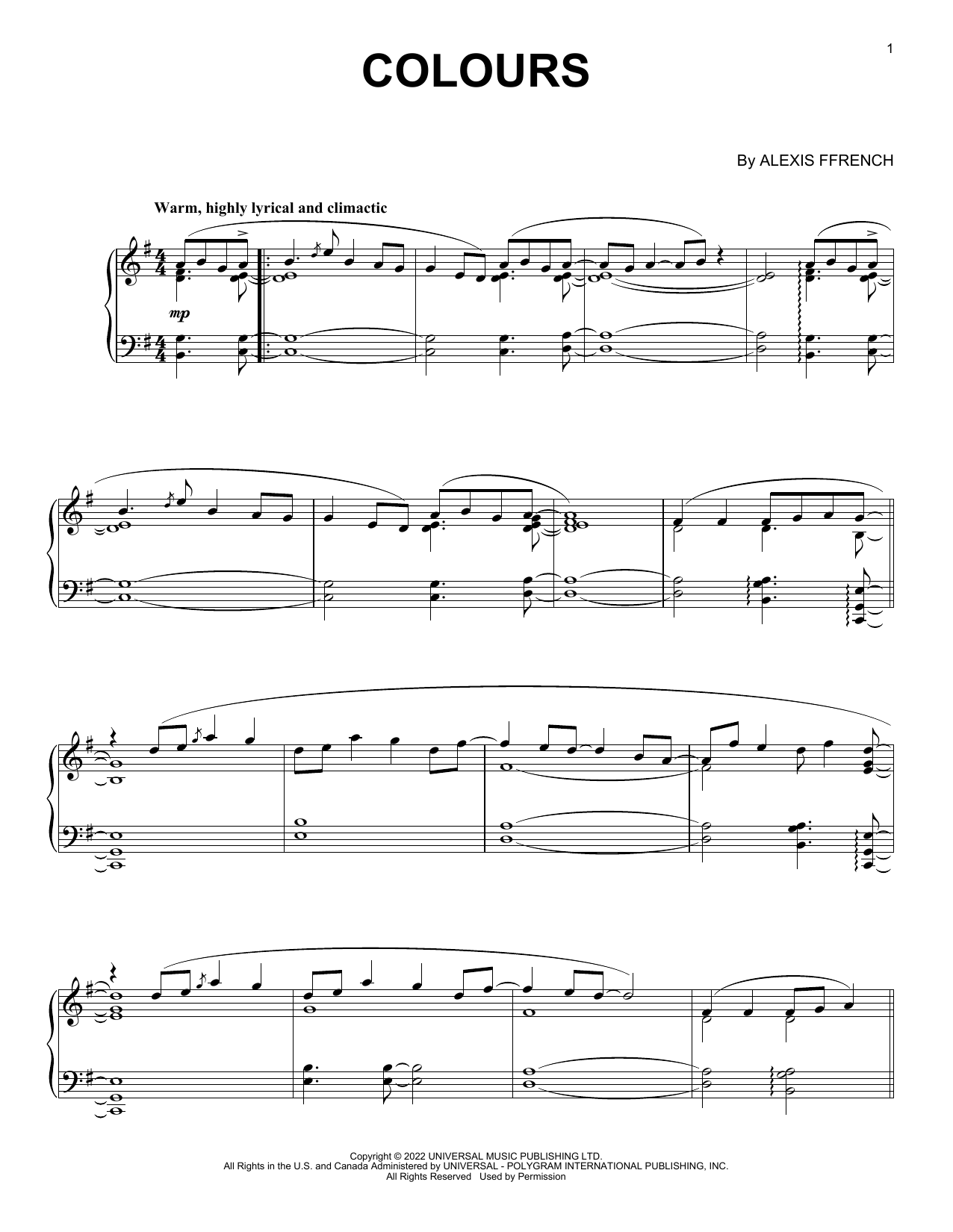 Alexis Ffrench Colours sheet music notes and chords arranged for Piano Solo
