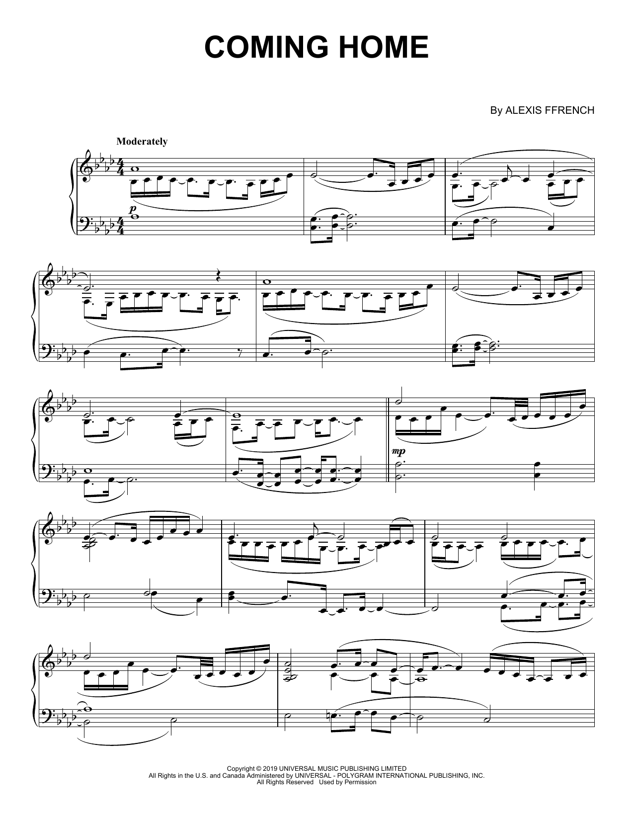 Alexis Ffrench Coming Home sheet music notes and chords arranged for Piano Solo