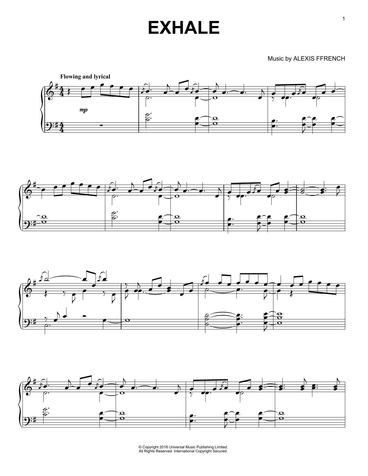 Alexis Ffrench Exhale sheet music notes and chords arranged for Piano Solo