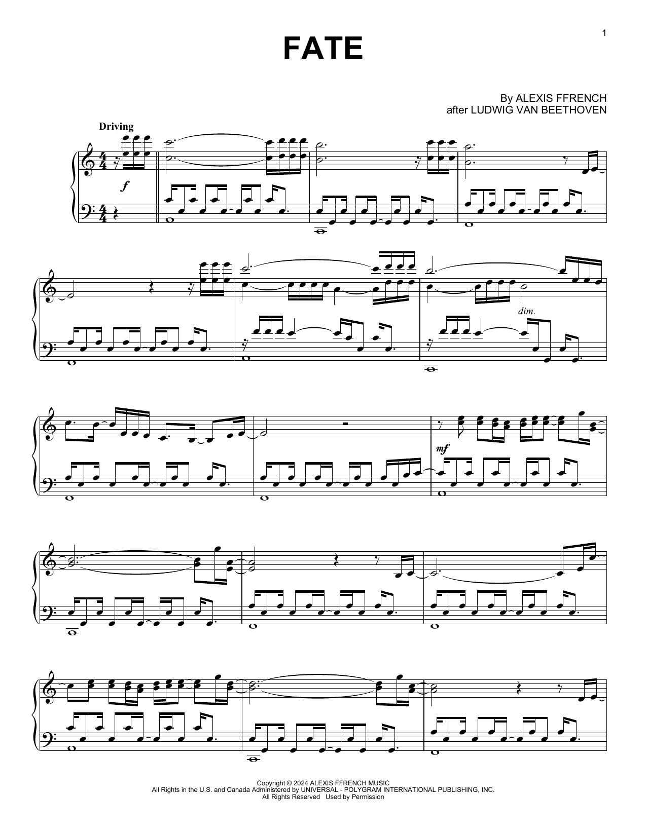 Alexis Ffrench Fate sheet music notes and chords arranged for Piano Solo