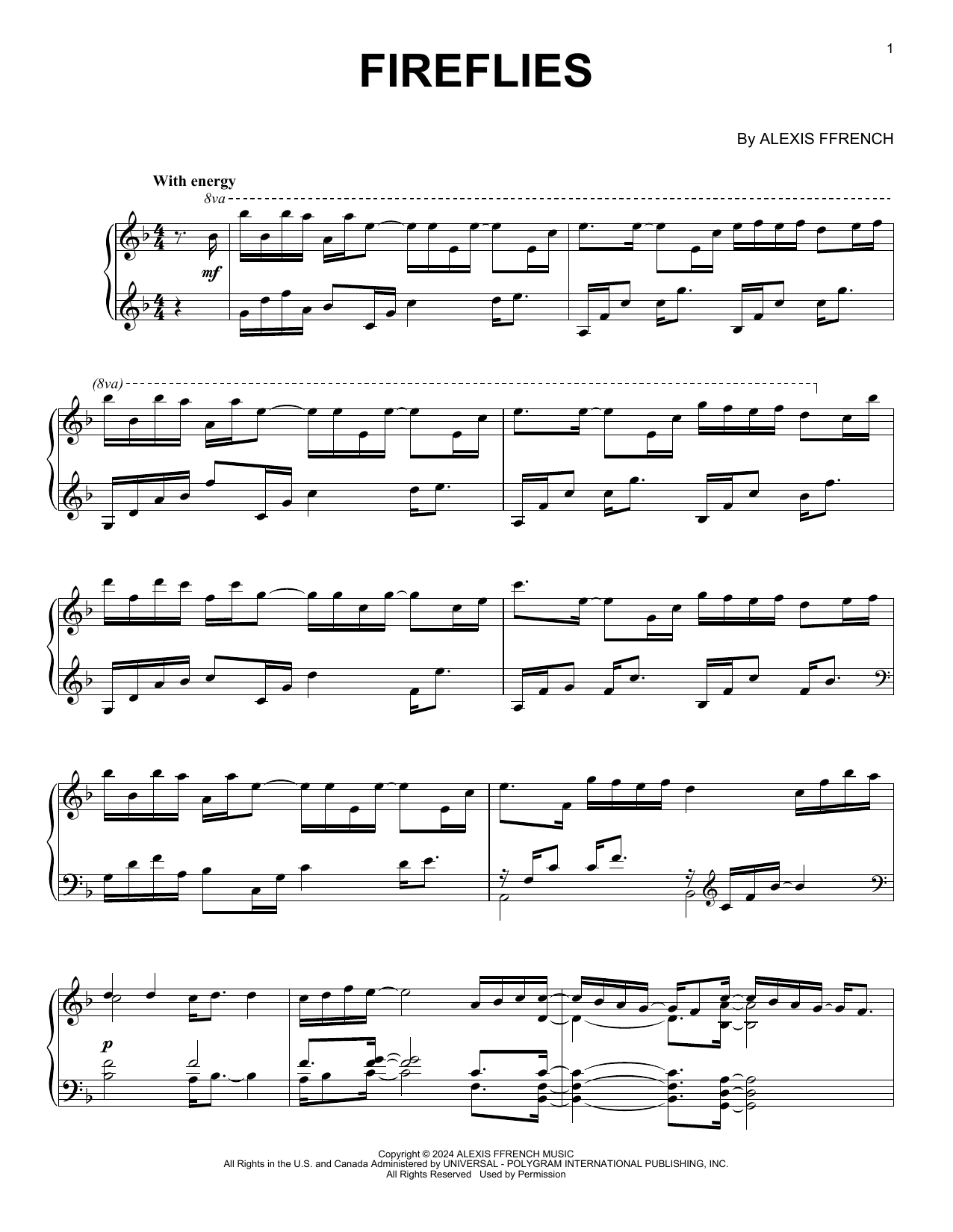 Alexis Ffrench Fireflies sheet music notes and chords arranged for Piano Solo