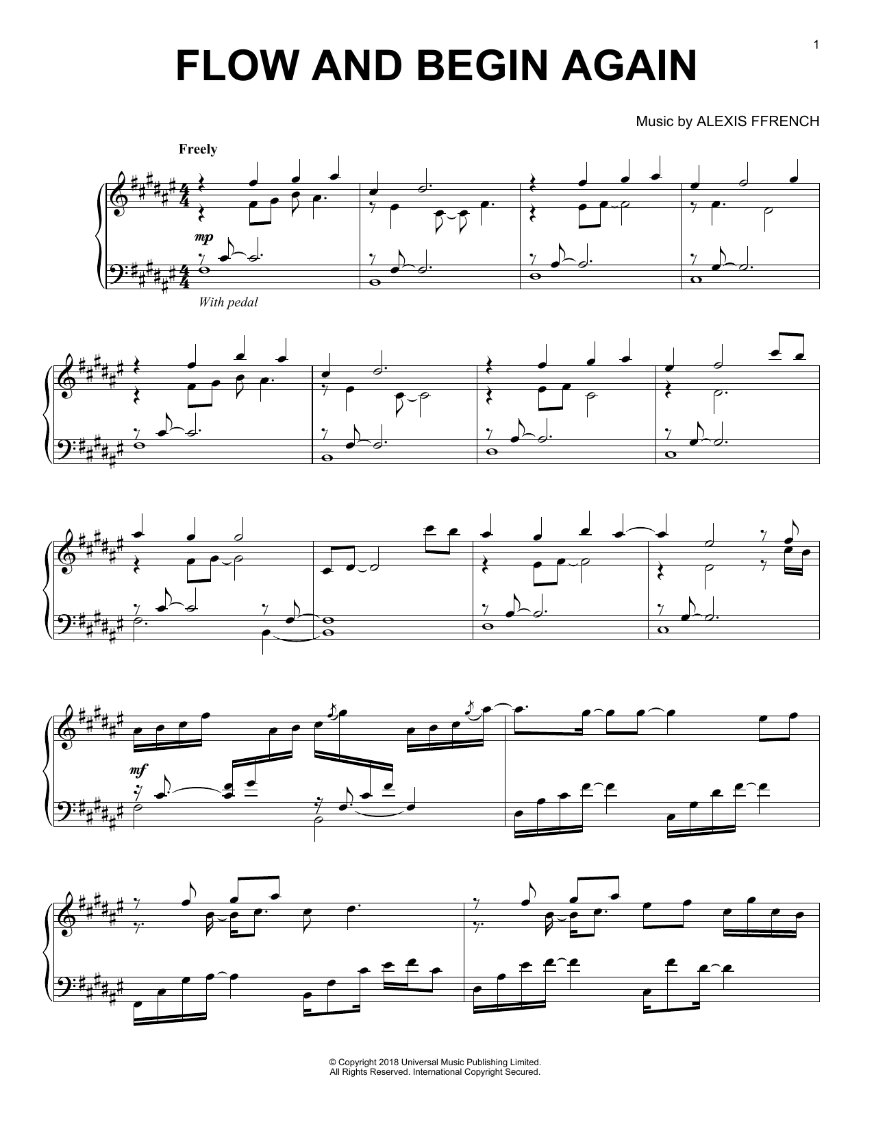 Alexis Ffrench Flow And Begin Again sheet music notes and chords arranged for Piano Solo